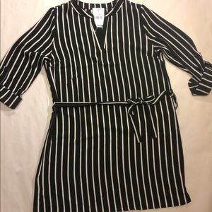 Black & White Striped Shift Dress with Tied Belt
